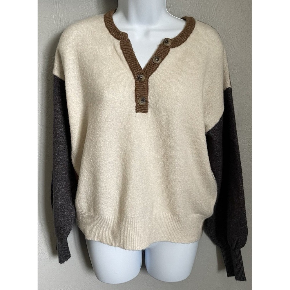 Mine Blocked Neural Color Sweater Womens Small Colorblock Puff Sleeve Henley